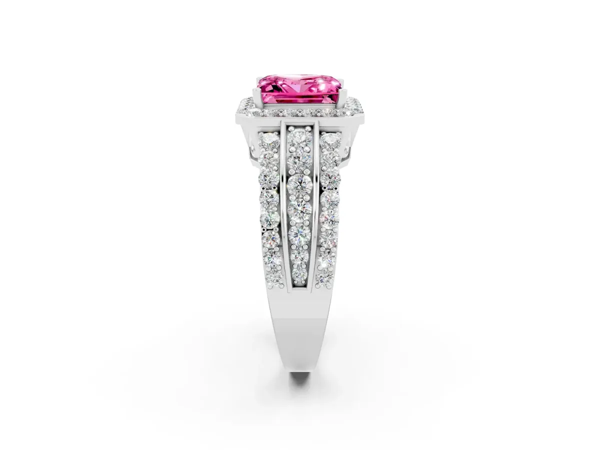 Princess Cut Halo Pink Sapphire Ring with Round Split Shank and Prong Setting Silver