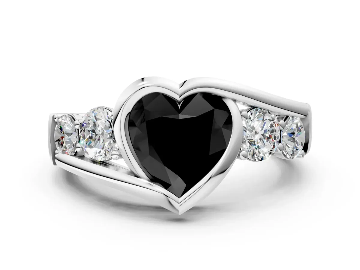 Fancy Black Bezel Set Heart Cut Diamond Bypass Ring with Round Accents Silver