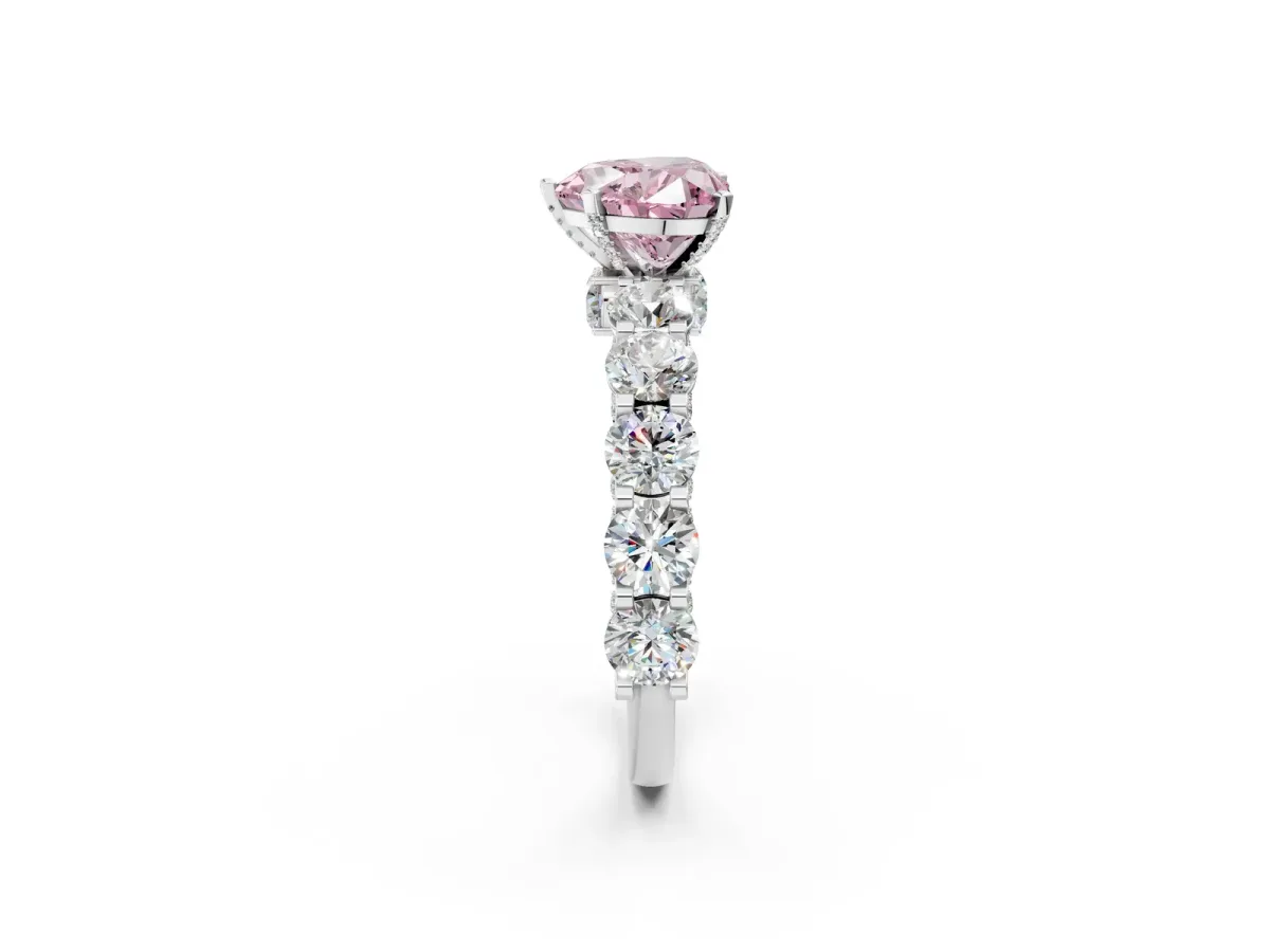 Fancy Pink Heart Cut Diamond Side Stone Engagement Ring with Four-Prong Setting White gold