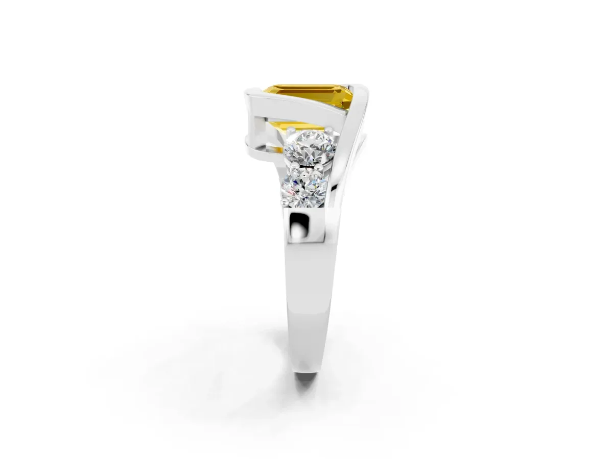 Bezel Set Emerald Cut Yellow Sapphire Bypass Ring with Round Accents Platinum