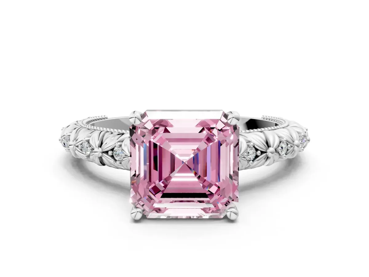 Fancy Pink Asscher Cut Solitaire Floral Milgrain Engagement Ring White gold