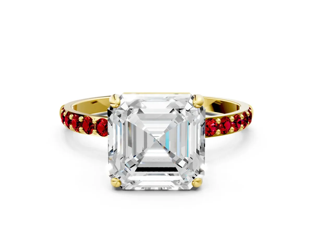 Asscher Cut Diamond Solitaire Ring with Round Ruby Pavé Band and Prong Setting Yellow gold