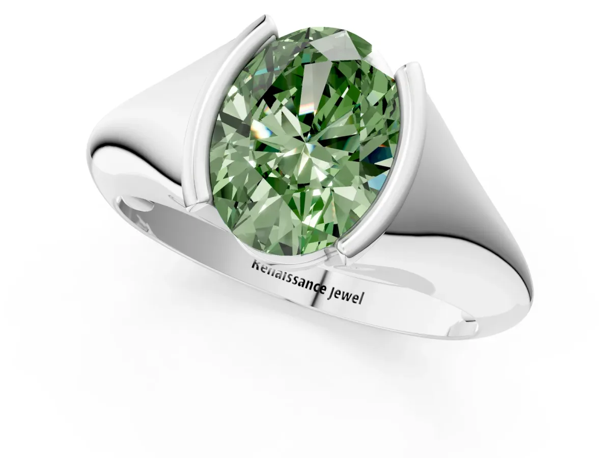 Fancy Green Oval Cut Solitaire Tension Set Diamond Ring Platinum