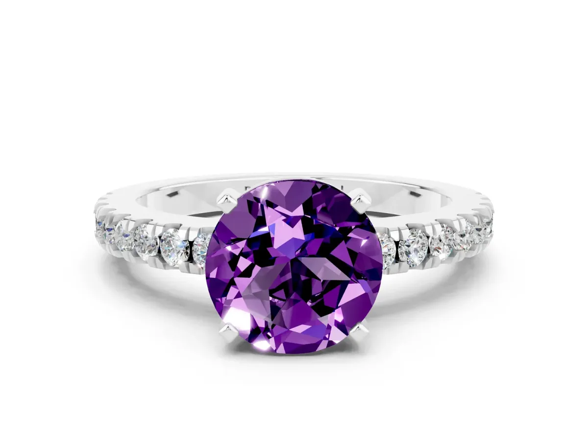Round Cut Solitaire Amethyst with Pavé Band and Four-Prong Setting Silver
