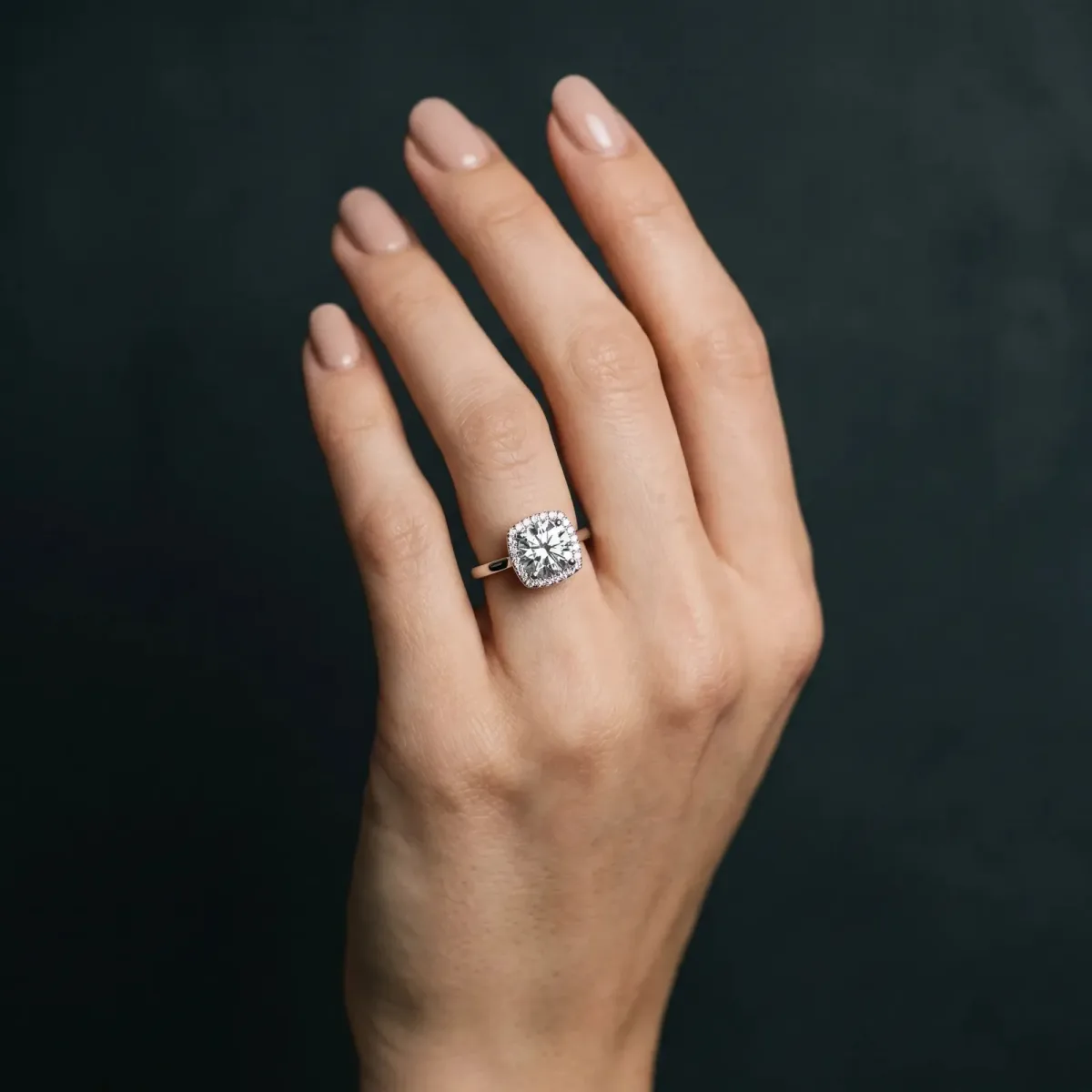 Cushion Cut Halo Solitaire Engagement Ring with Round Diamond and Four-Prong Setting Silver