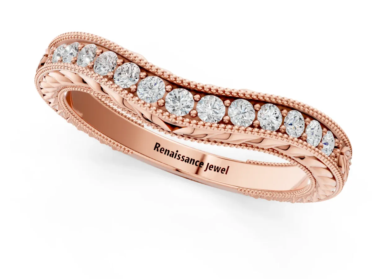 Milgrain Round Diamond Curved Eternity Band with Pavé Setting Rose gold