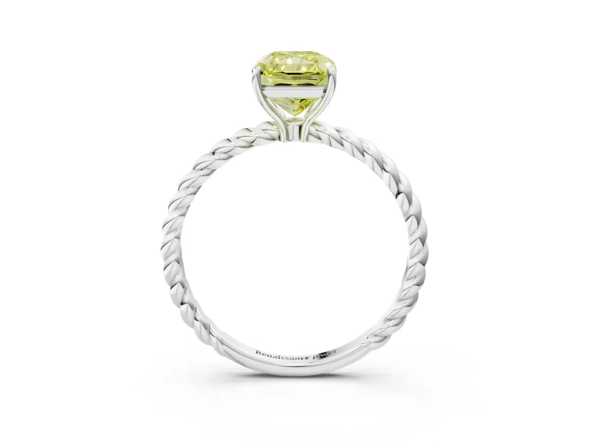 Fancy Yellow Radiant Cut Solitaire Twisted Band 4-Prong Ring Platinum