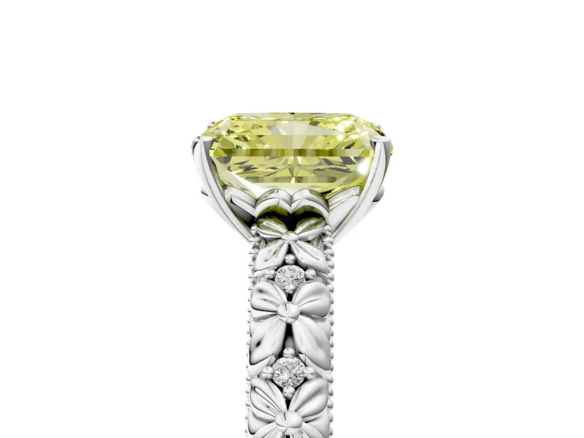 Fancy Yellow Radiant Cut Solitaire Floral Milgrain Engagement Ring Platinum