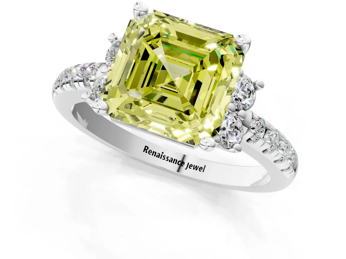 Fancy Yellow Asscher Cut Diamond Three-Stone Pave Band with Four-Prong Setting Platinum