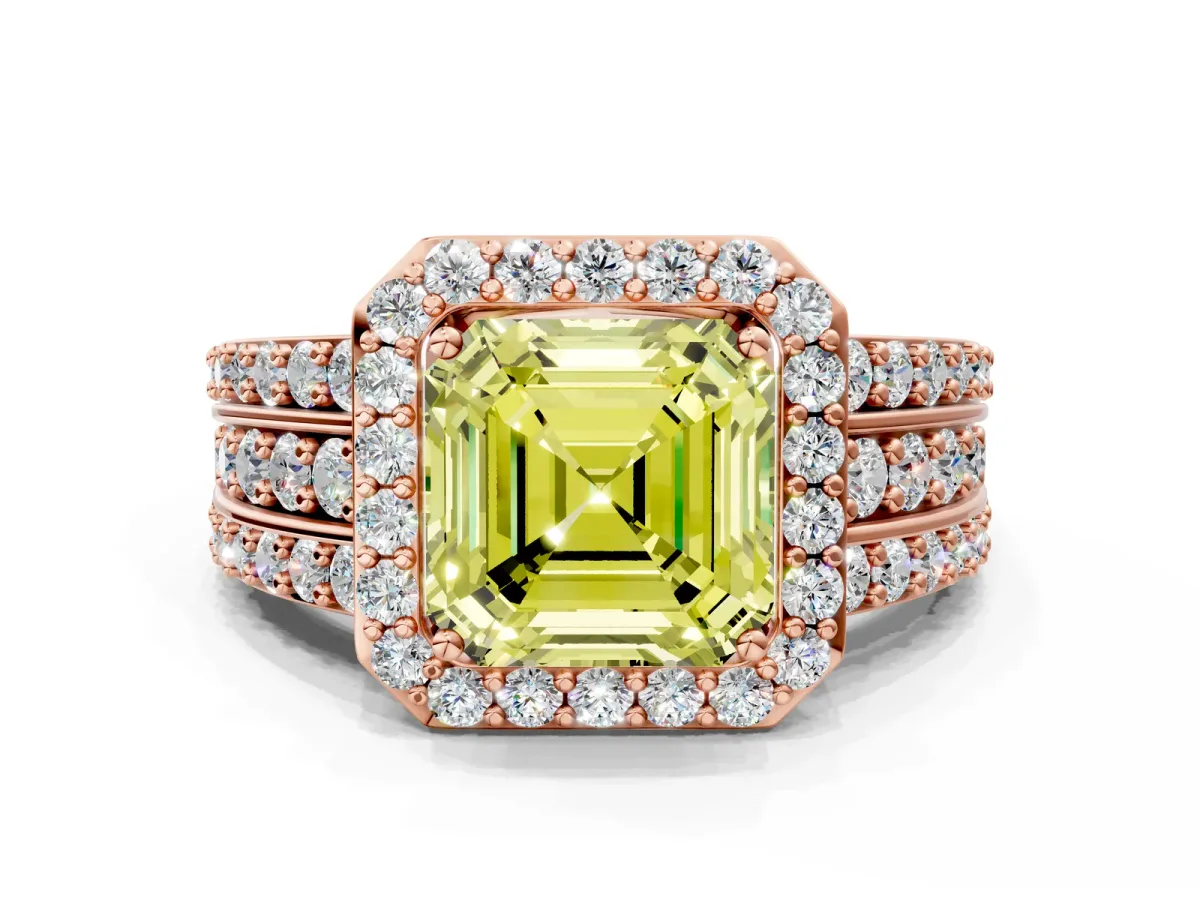 Fancy Yellow Asscher Cut Halo Diamond Ring with Round Split Shank and Prong Setting Rose gold