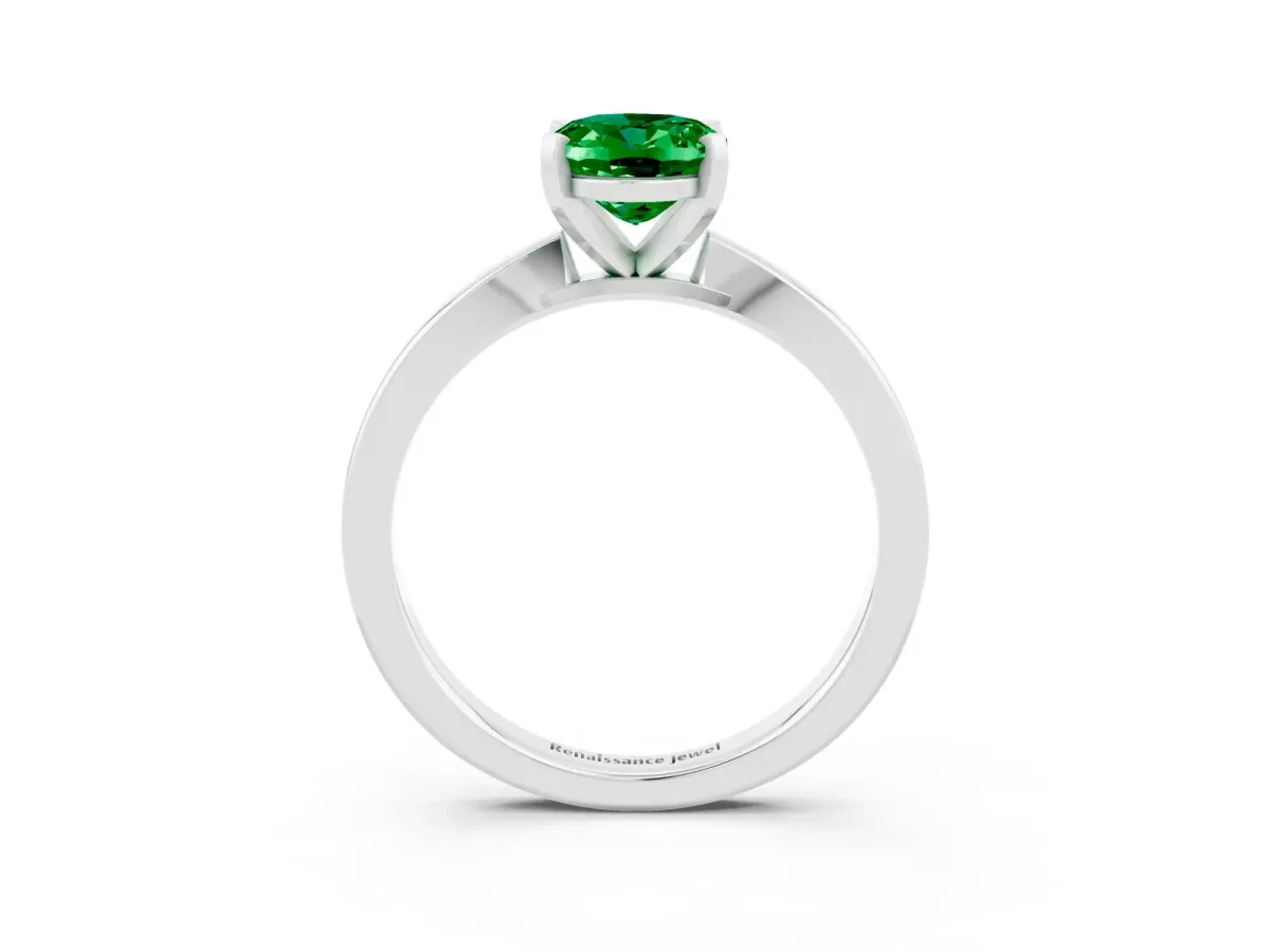 Oval Cut Emerald Solitaire Engagement Ring with Classic Band and Four-Prong Setting Silver
