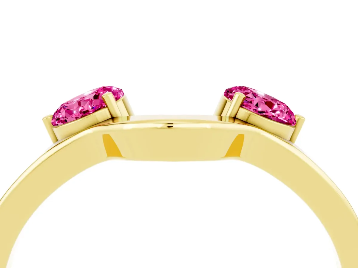 Dual Round Pink Sapphire Open Band Ring with Prong Setting Yellow gold