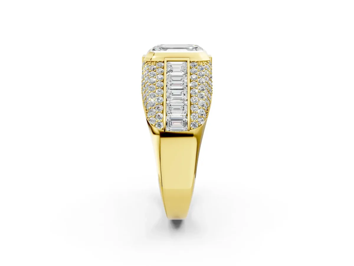 Emerald Cut Diamond Mens Ring with Side Stones Yellow gold