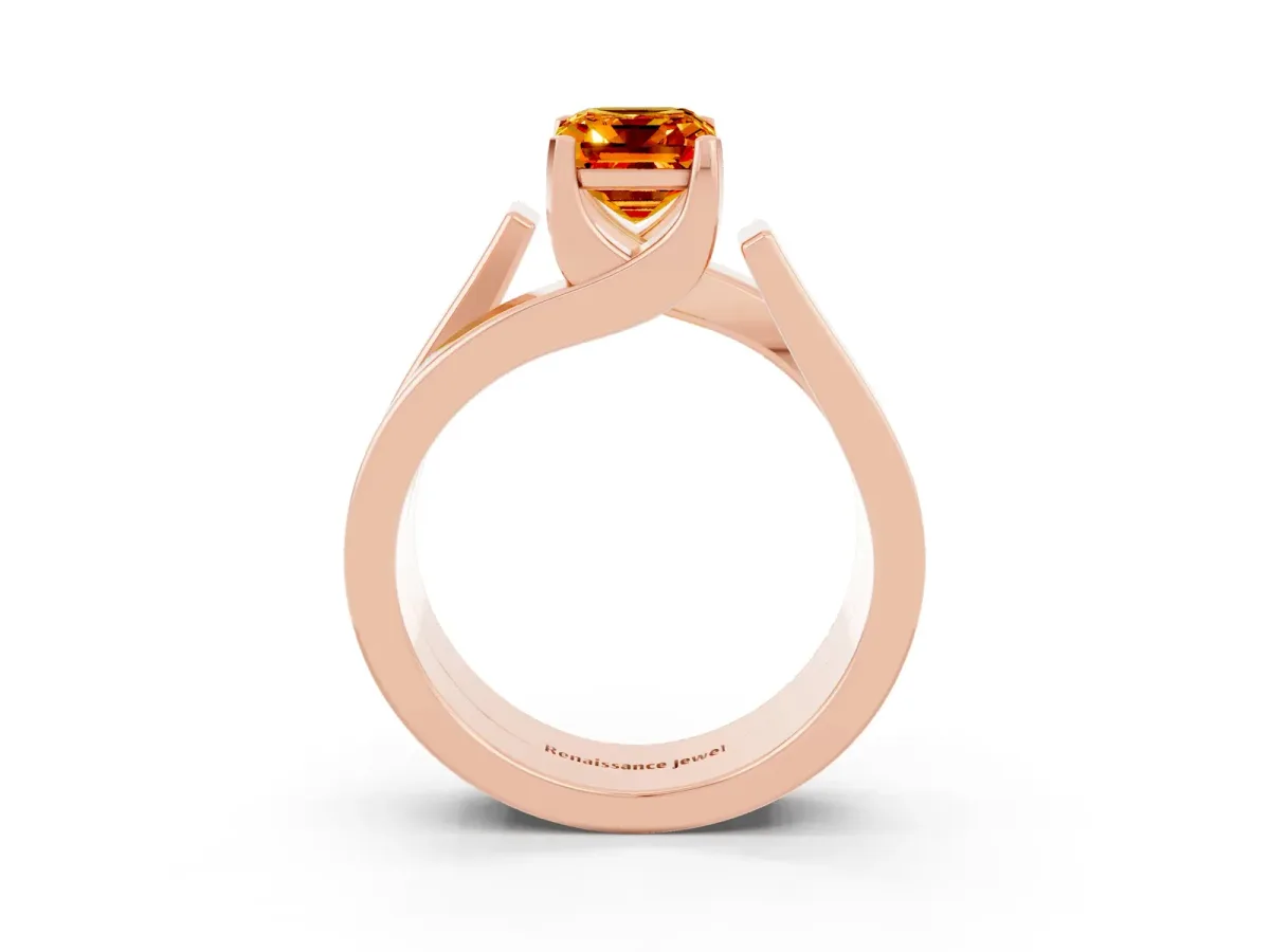 Modern Tension Set Emerald Cut Citrine Solitaire Wide Band Ring Rose gold
