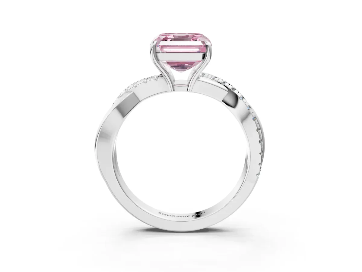 Fancy Pink Asscher Cut Cut Diamond Twisted Band with Pavé Setting and Four-Prong Setting Platinum