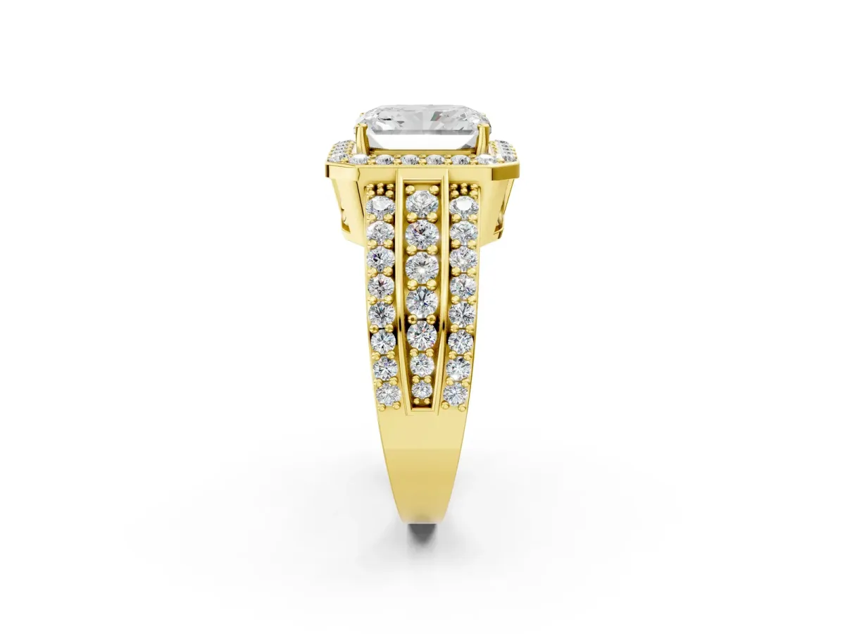 Radiant Cut Halo Diamond Ring with Round Split Shank and Prong Setting Yellow gold