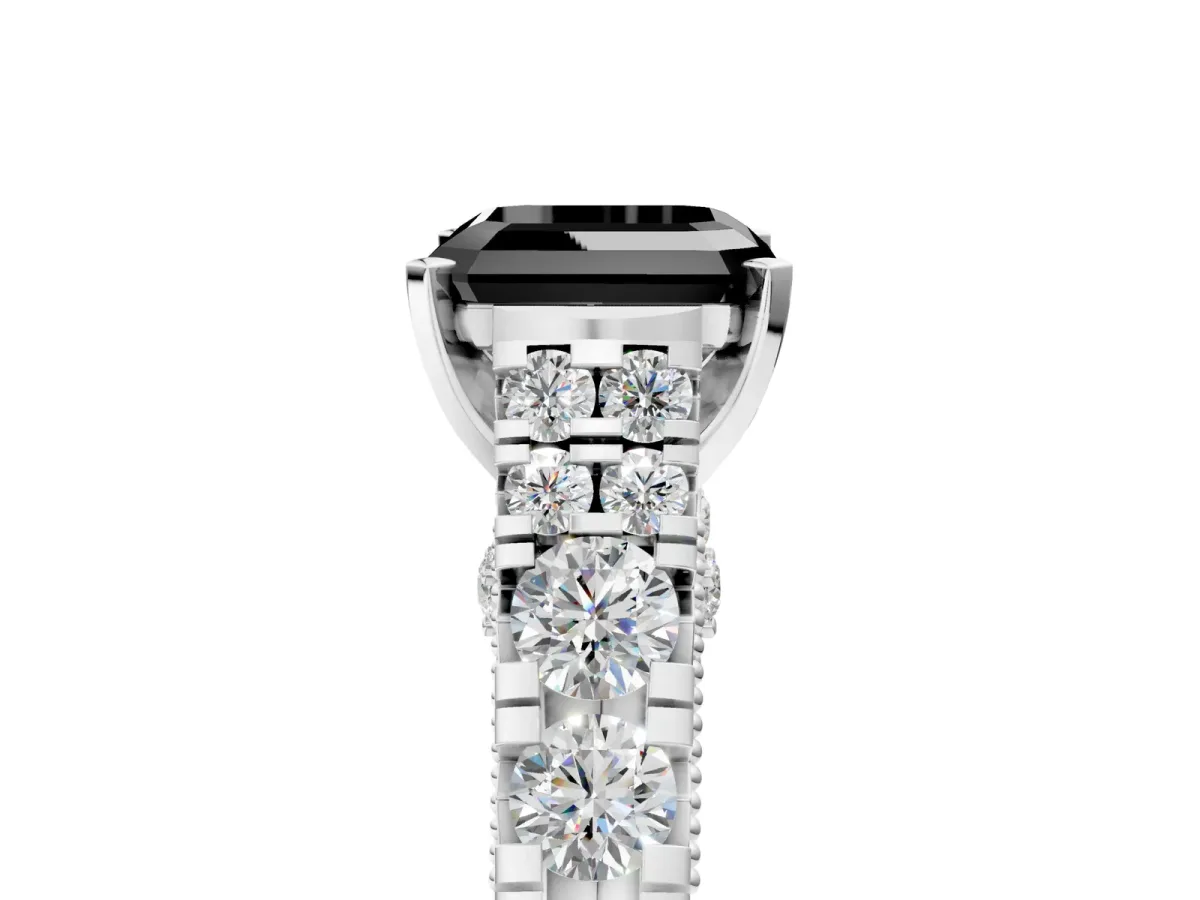 Fancy Black Asscher Cut Diamond Classic Solitaire Ring with Pavé Band and Four-Prong Setting Platinum