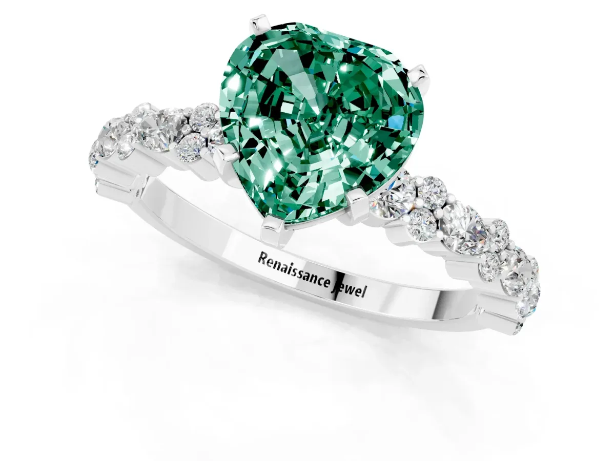 Heart Cut Green Sapphire Side Stone Solitaire Ring with Round and Four-Prong Setting Silver