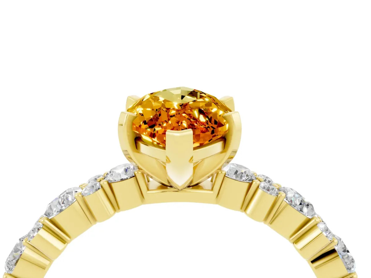Marquise Cut Citrine Side Stone Solitaire Ring with Round and Four-Prong Setting Yellow gold