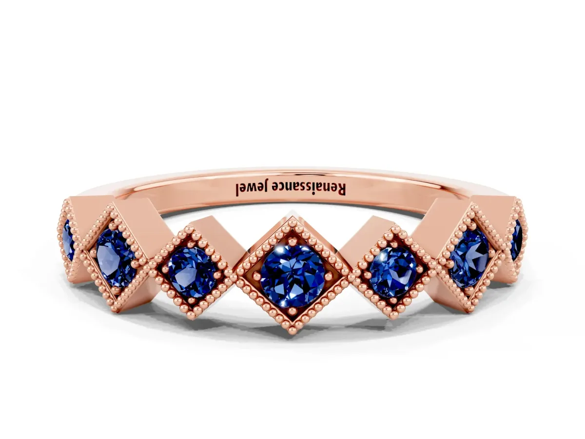 Milgrain Square Bezel Round Blue Sapphire Chevron Band Rose gold