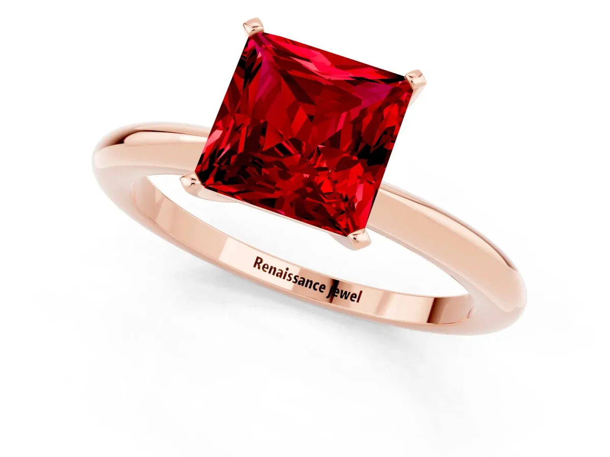 Princess Cut Ruby Solitaire Ring with Six-Prong Setting and Classic Band Rose gold