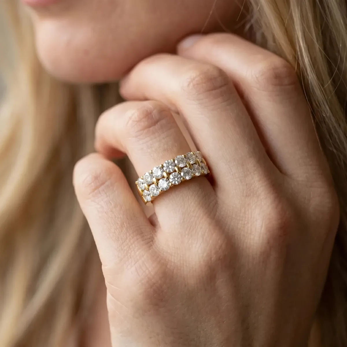 Three-Row Round Diamond Channel Band with Shared Prong Setting Yellow gold