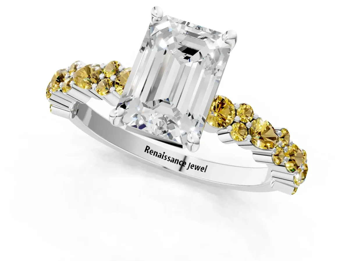 Emerald Cut Diamond Side Stone Solitaire Ring with Round Yellow Sapphire and Four-Prong Setting Platinum