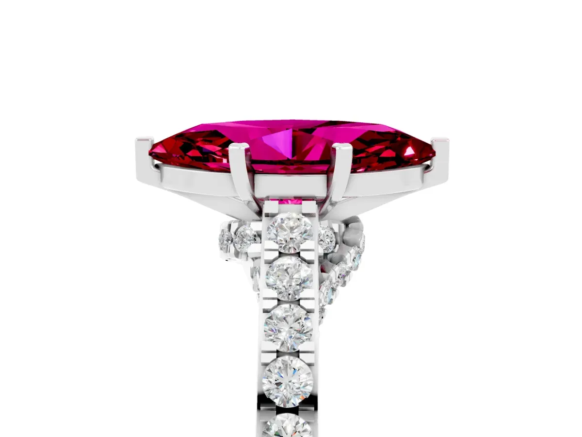 Marquise Cut Garnet Solitaire Ring with Crossover Gallery and Round Pavé Band Silver