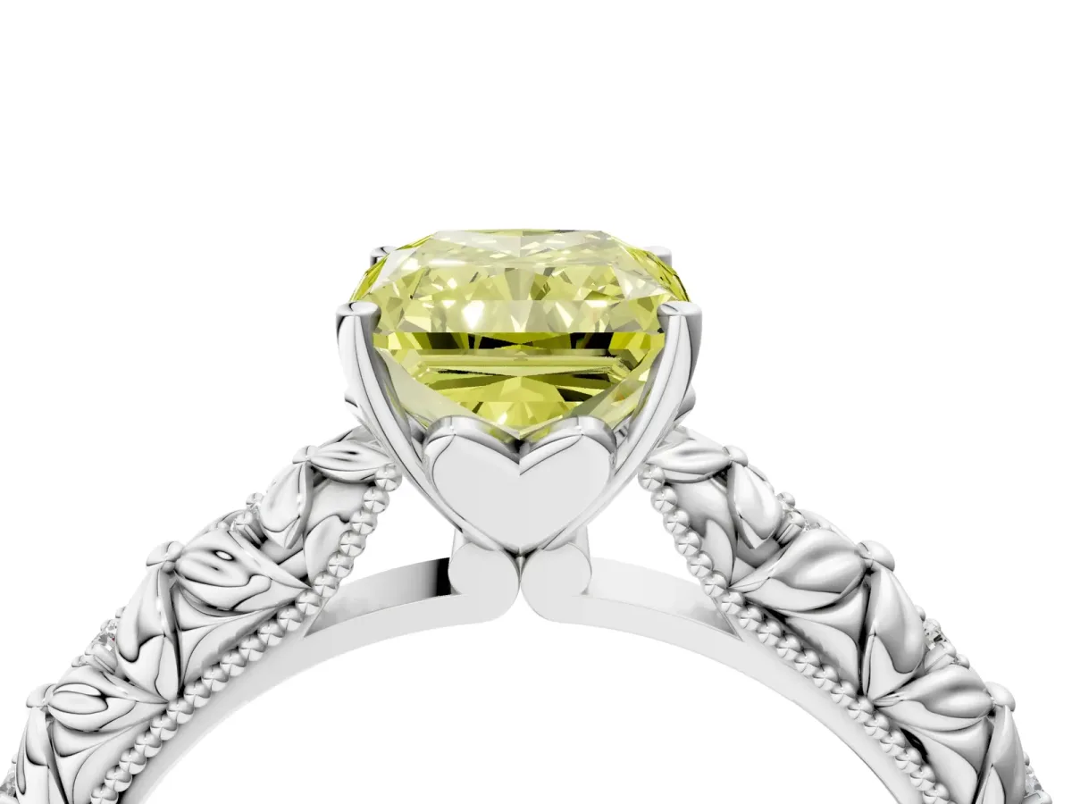 Fancy Yellow Radiant Cut Solitaire Floral Milgrain Engagement Ring Platinum