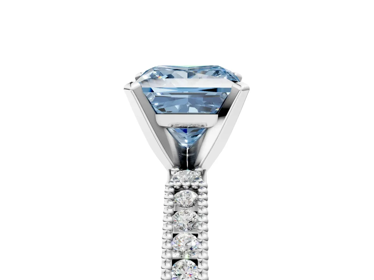 Fancy Blue Princess Cut Solitaire with Pavé Band and Four-Prong Setting Silver