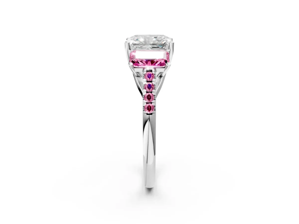 Three-Stone Radiant Cut Diamond Ring with Round Pink Sapphire Pavé Band and Prong Setting Silver