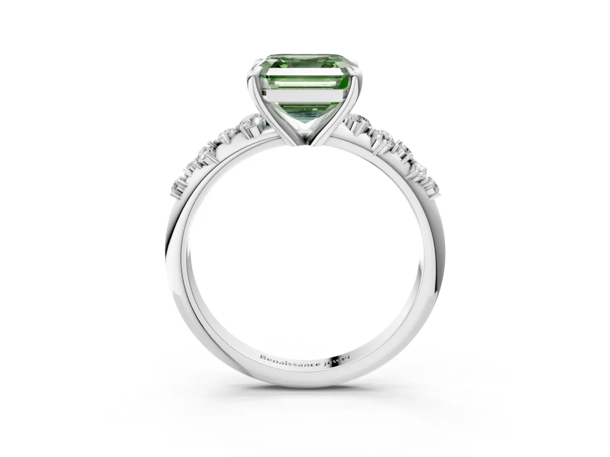 Fancy Green Asscher Cut Cut Diamond Vine Band with Four-Prong Setting Platinum
