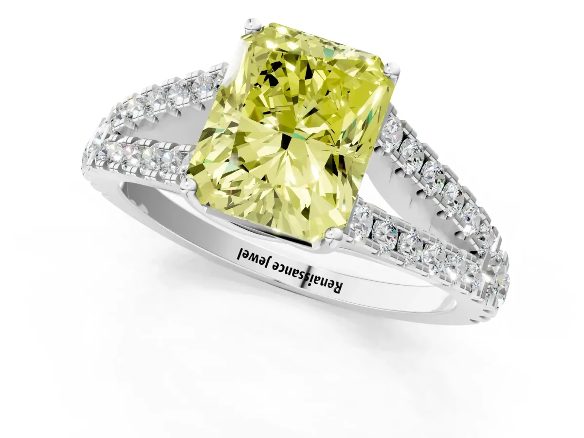 Fancy Yellow Radiant Cut Diamond Split Shank Pavé Engagement Ring with Four-Prong Setting White gold