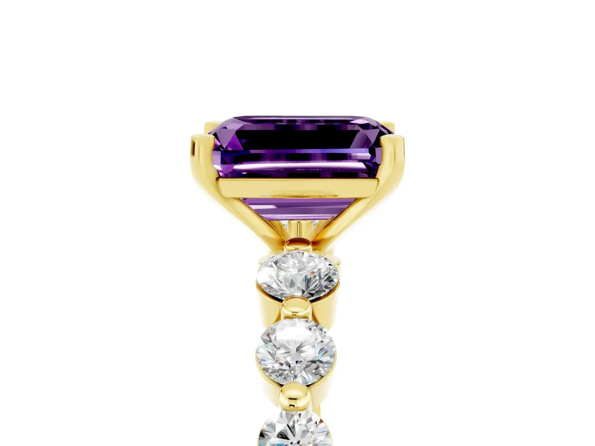 Emerald Cut Solitaire Amethyst Ring with Pave Band and Four-Prong Setting Yellow gold