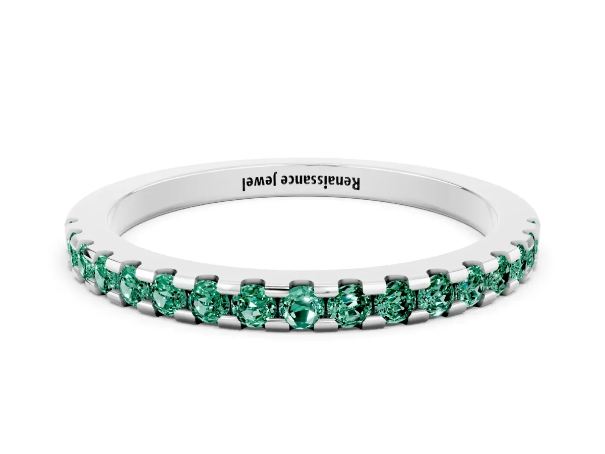 Round Green Sapphire Pavé Set Eternity Band with Micro Prong Setting Platinum