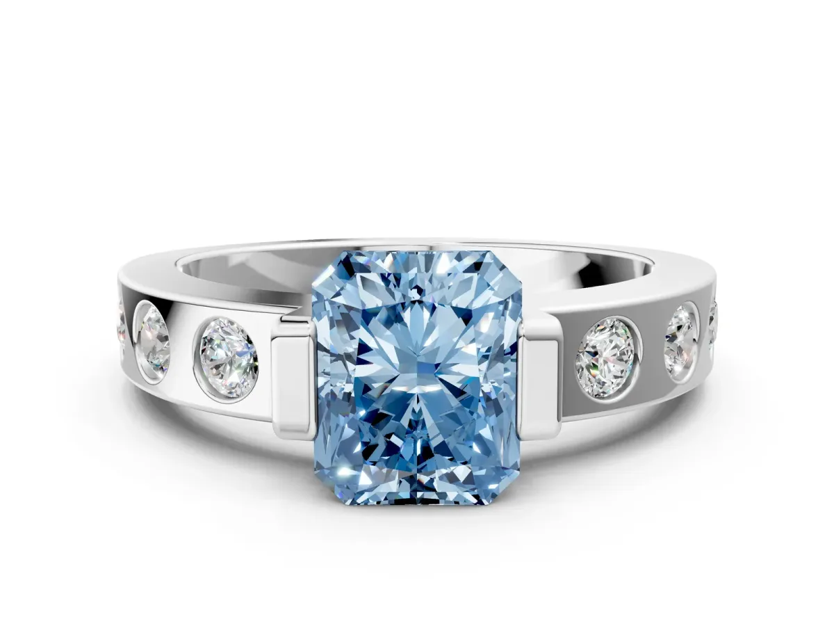 Fancy Blue Radiant Cut Brilliant Channel-Set Diamond Ring with Bezel Prong Setting Platinum