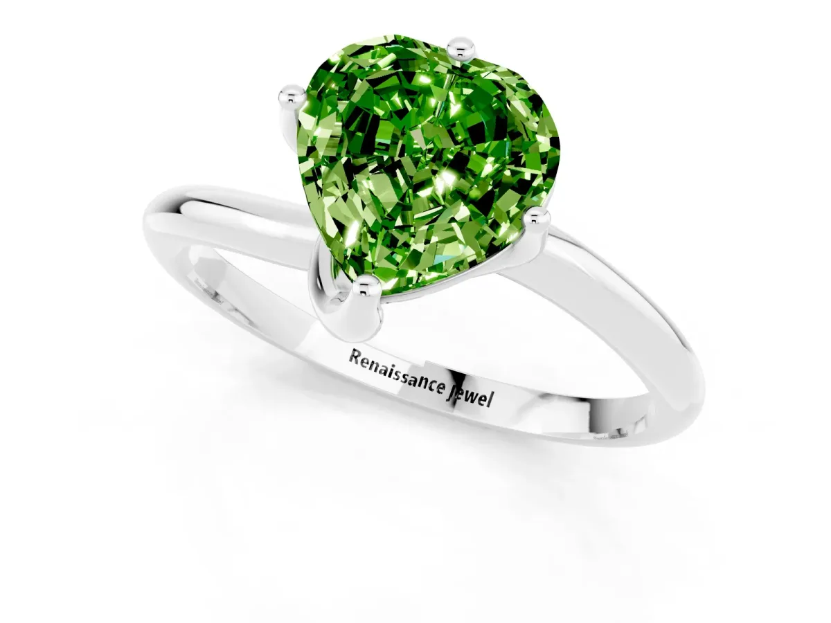 Heart Cut Peridot Solitaire Engagement Ring with Four-Prong Setting and Classic Band Silver
