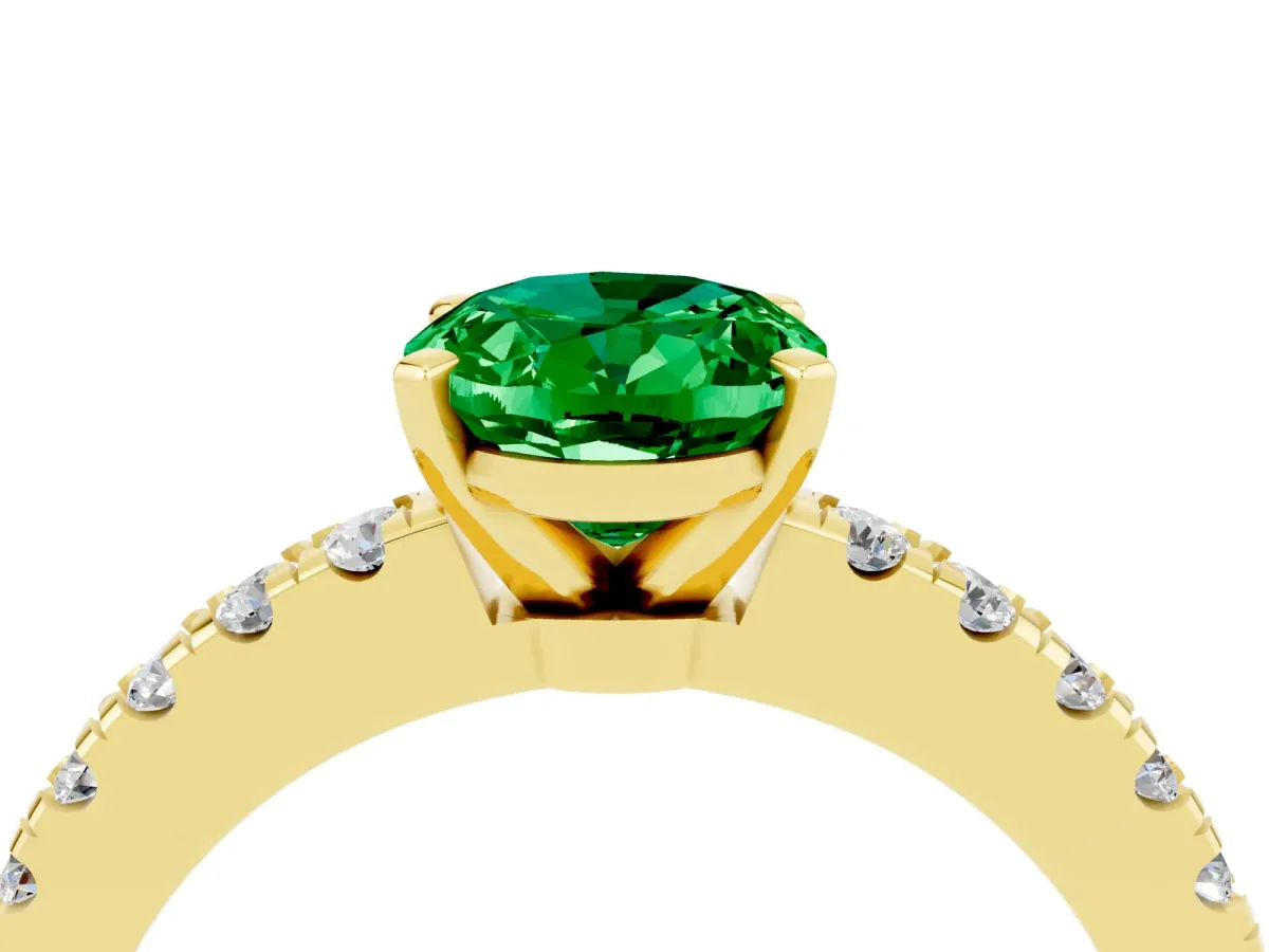 Oval Cut Solitaire Emerald with Pavé Band and Four-Prong Setting Yellow gold