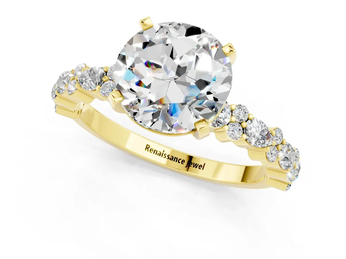 Round Cut Moissanite Side Stone Solitaire Ring with Round and Four-Prong Setting Yellow gold