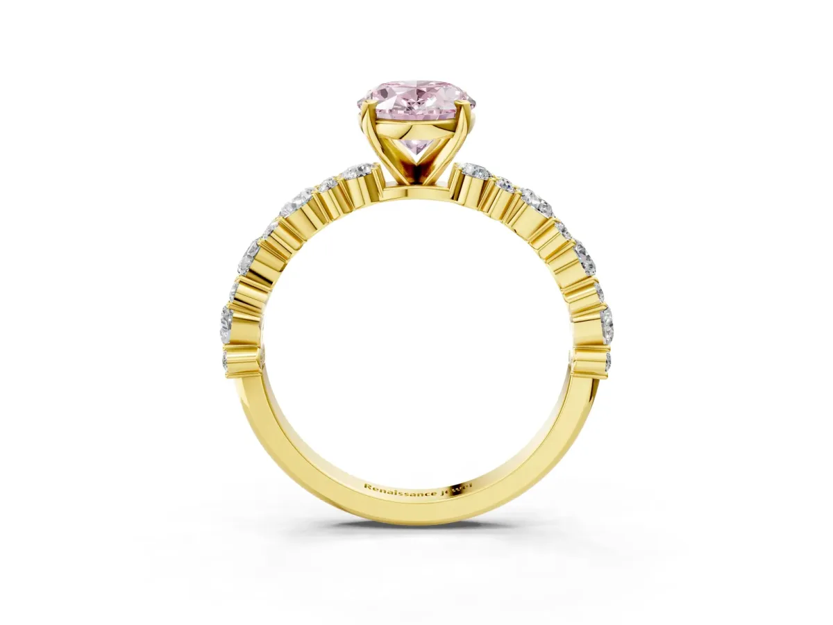 Fancy Pink Oval Cut Diamond Side Stone Solitaire Ring with Round and Four-Prong Setting Yellow gold