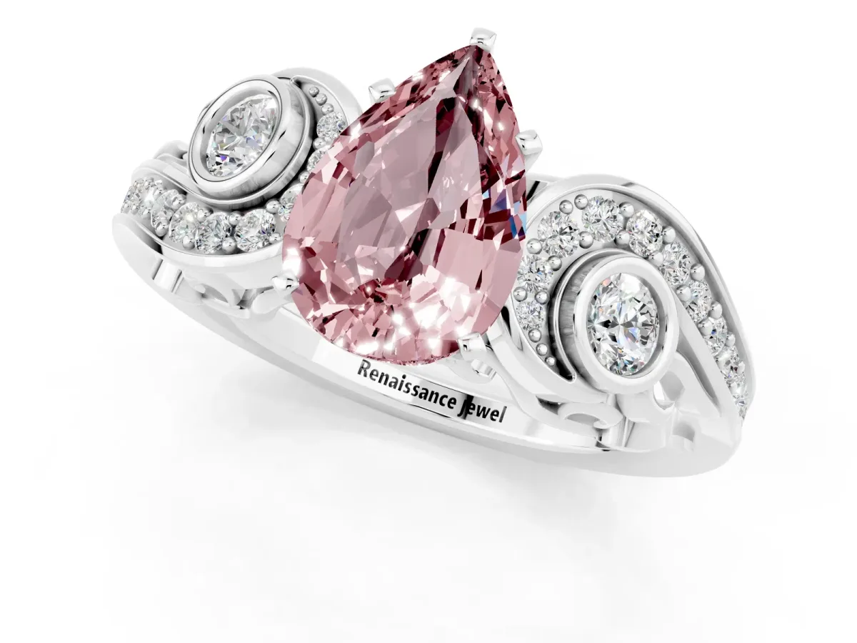 Pear Cut Morganite Solitaire Ring with Milgrain Pavé Band and Four-Prong Setting Silver