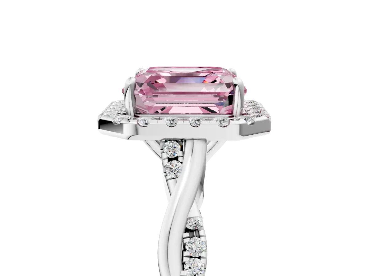 Fancy Pink Asscher Cut Halo Twist Band Solitaire Ring Platinum