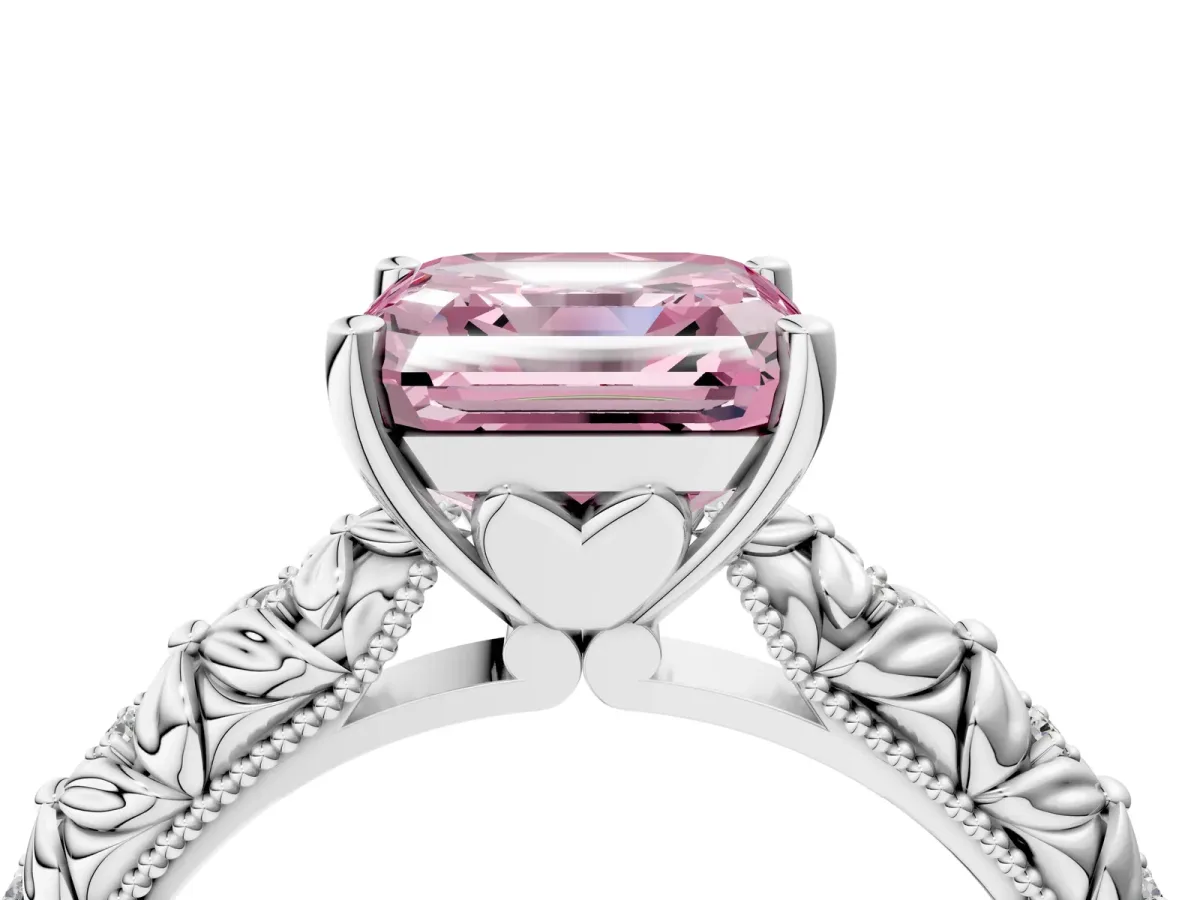 Fancy Pink Asscher Cut Solitaire Floral Milgrain Engagement Ring White gold