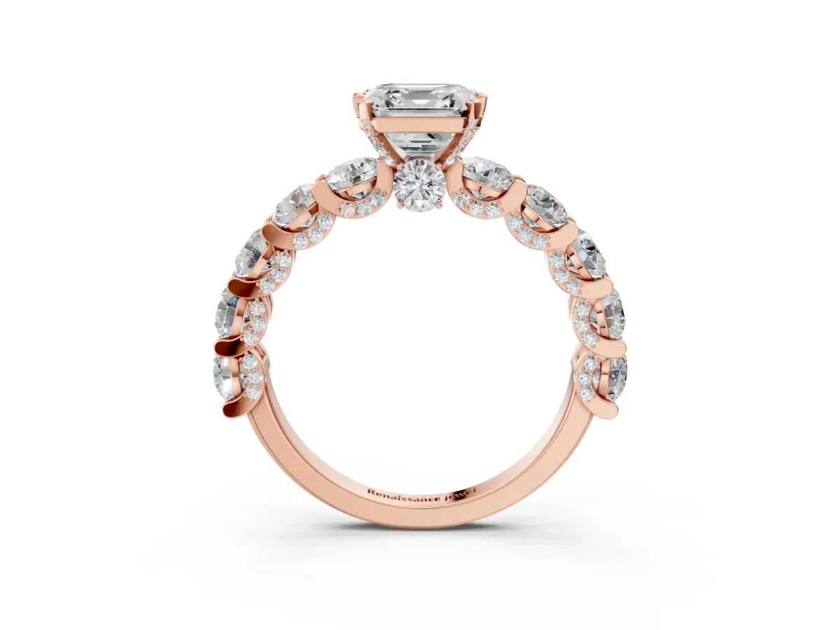 Asscher Cut Diamond Side Stone Engagement Ring with Four-Prong Setting Rose gold