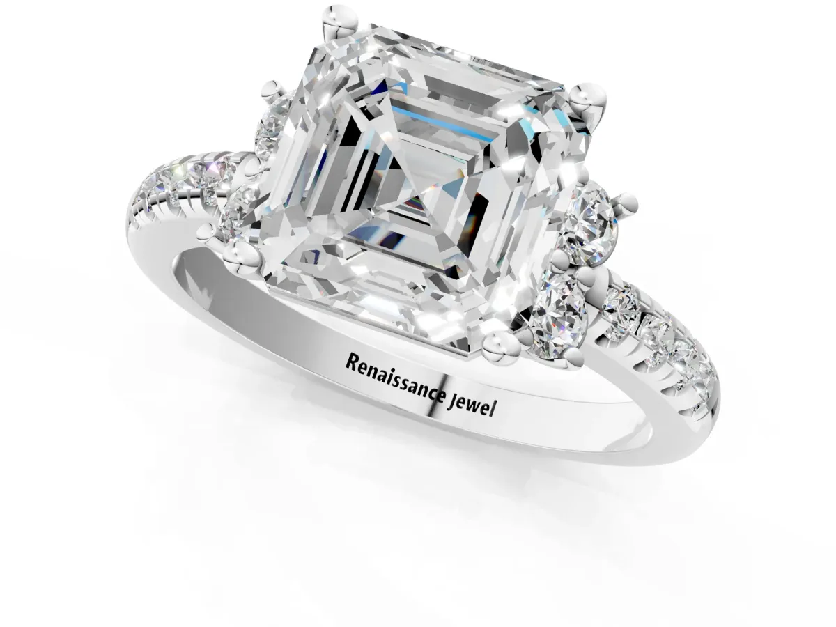 Asscher Cut Diamond Three-Stone Pave Band with Four-Prong Setting Platinum