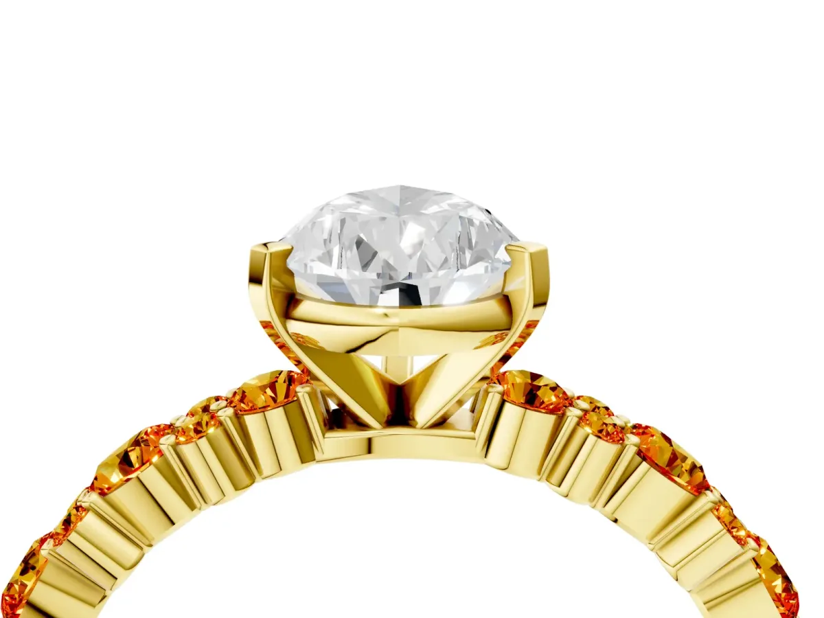 Pear Cut Diamond Side Stone Solitaire Ring with Round Citrine and Four-Prong Setting Yellow gold