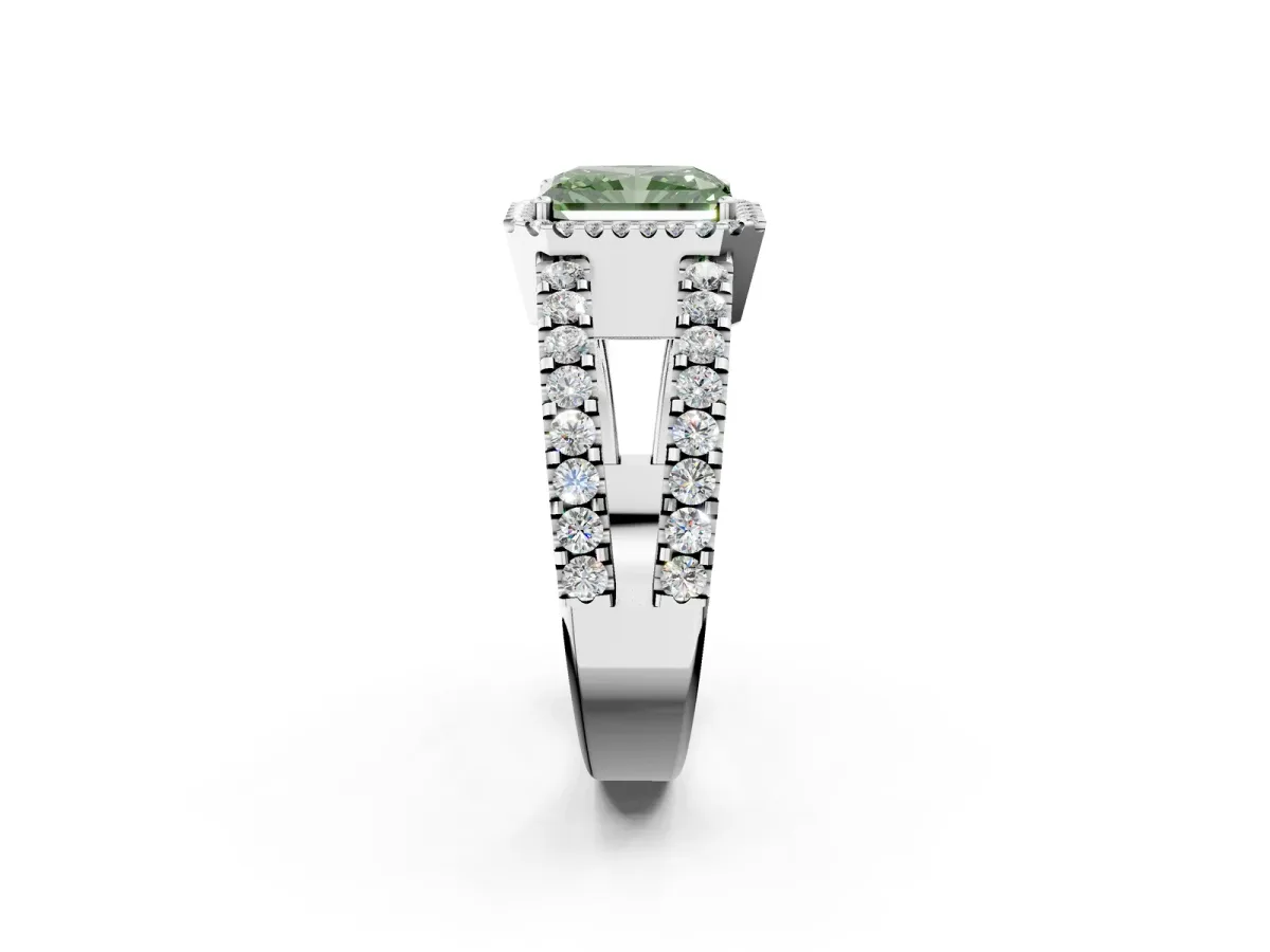 Fancy Green Radiant Cut Cut Halo Split Shank Diamond Ring with Four-Prong Setting Platinum
