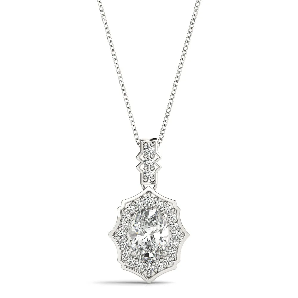 Oval Diamond Halo Pendant with Milgrain Prong Setting White gold