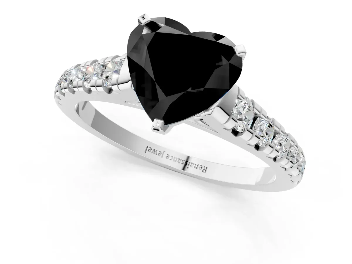Fancy Black Heart Cut Diamond Cathedral Solitaire Ring with Round Pavé Band Silver