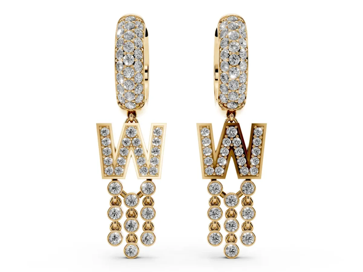 Round Diamond Initial W Huggie Hoop Earrings Yellow gold